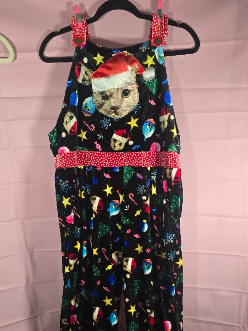 Love On A Hanger Christmas Kitty Velour Overalls / Jumpsuit